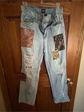 BDG Light Wash High-Rise Patchwork Ripped Jeans